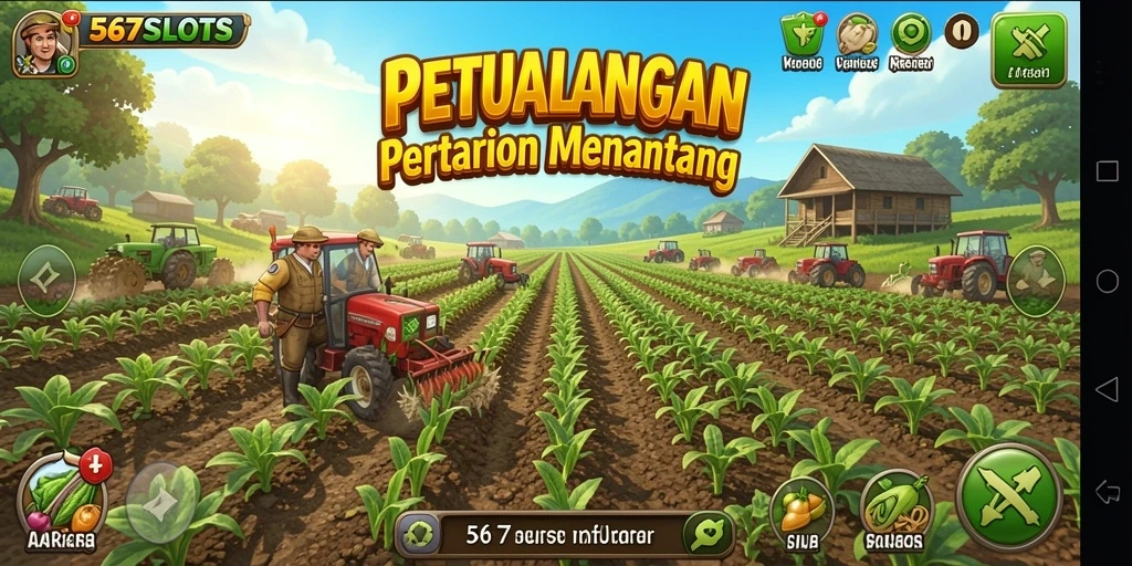 Tampilan gameplay seru dalam 567SLOTS yang menampilkan aktivitas bertani.