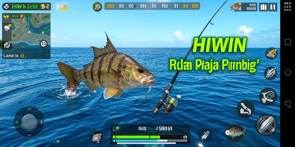 Screenshot utama HIWIN memperlihatkan pemain yang sedang menangkap ikan di laut yang indah.