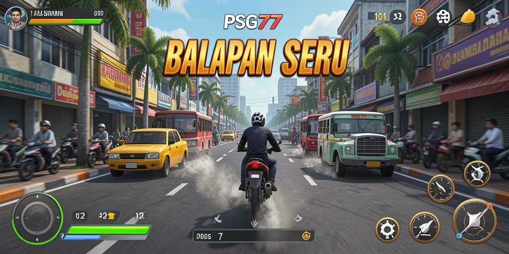 Tampilan utama gameplay PSG77 dengan mobil balap yang cepat dan trek menantang.