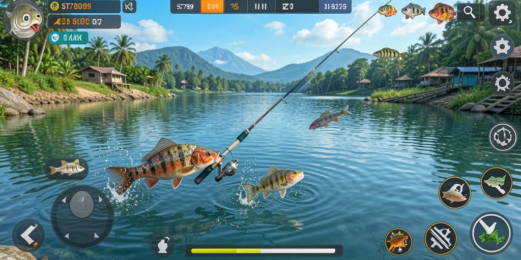 Screenshot ST789 menampilkan aksi memancing yang mendebarkan dengan berbagai ikan yang siap ditangkap.